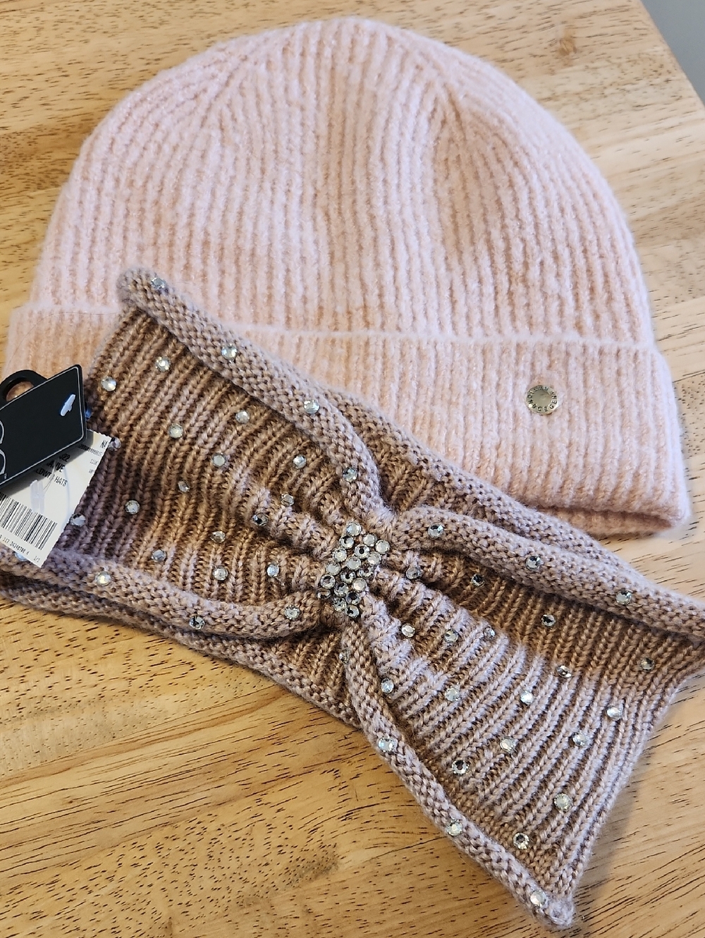 Women's Pink Knit Beanie and Embellished Headband Set